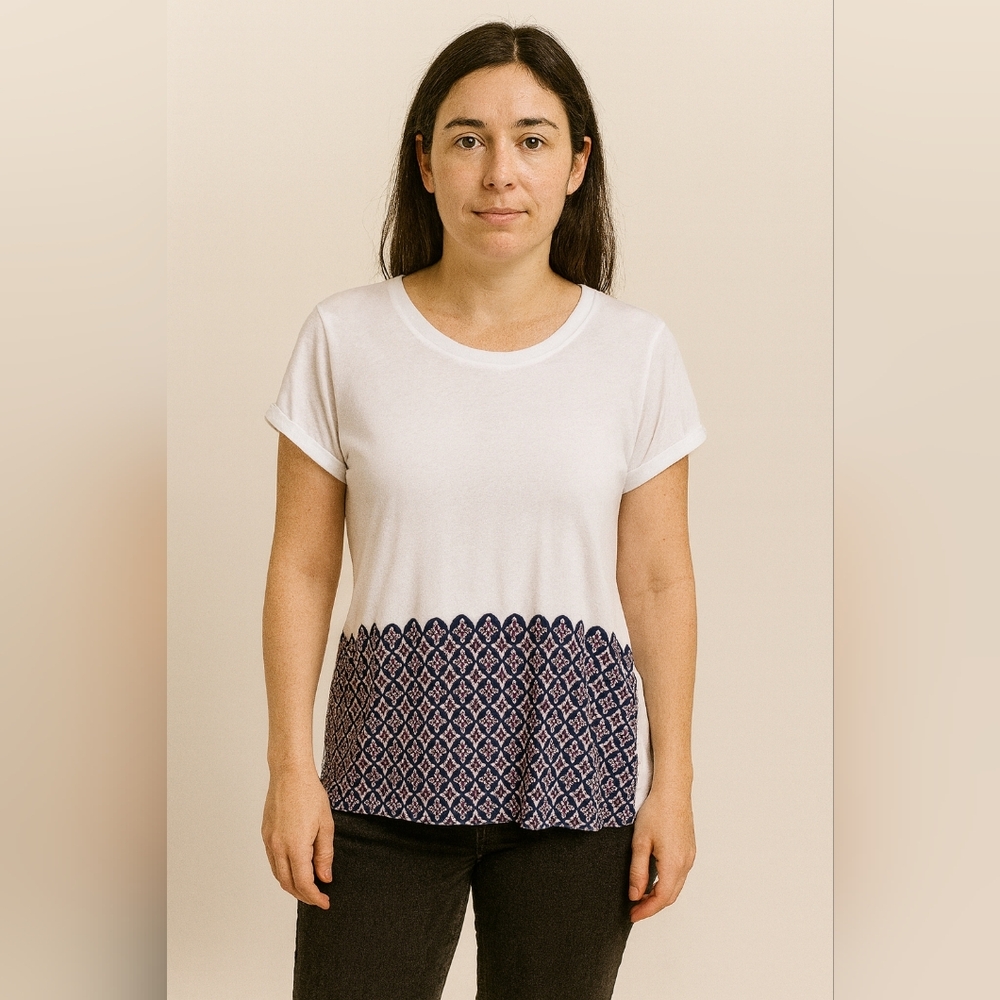 White and Blue Patterned Tunic Women's Top
